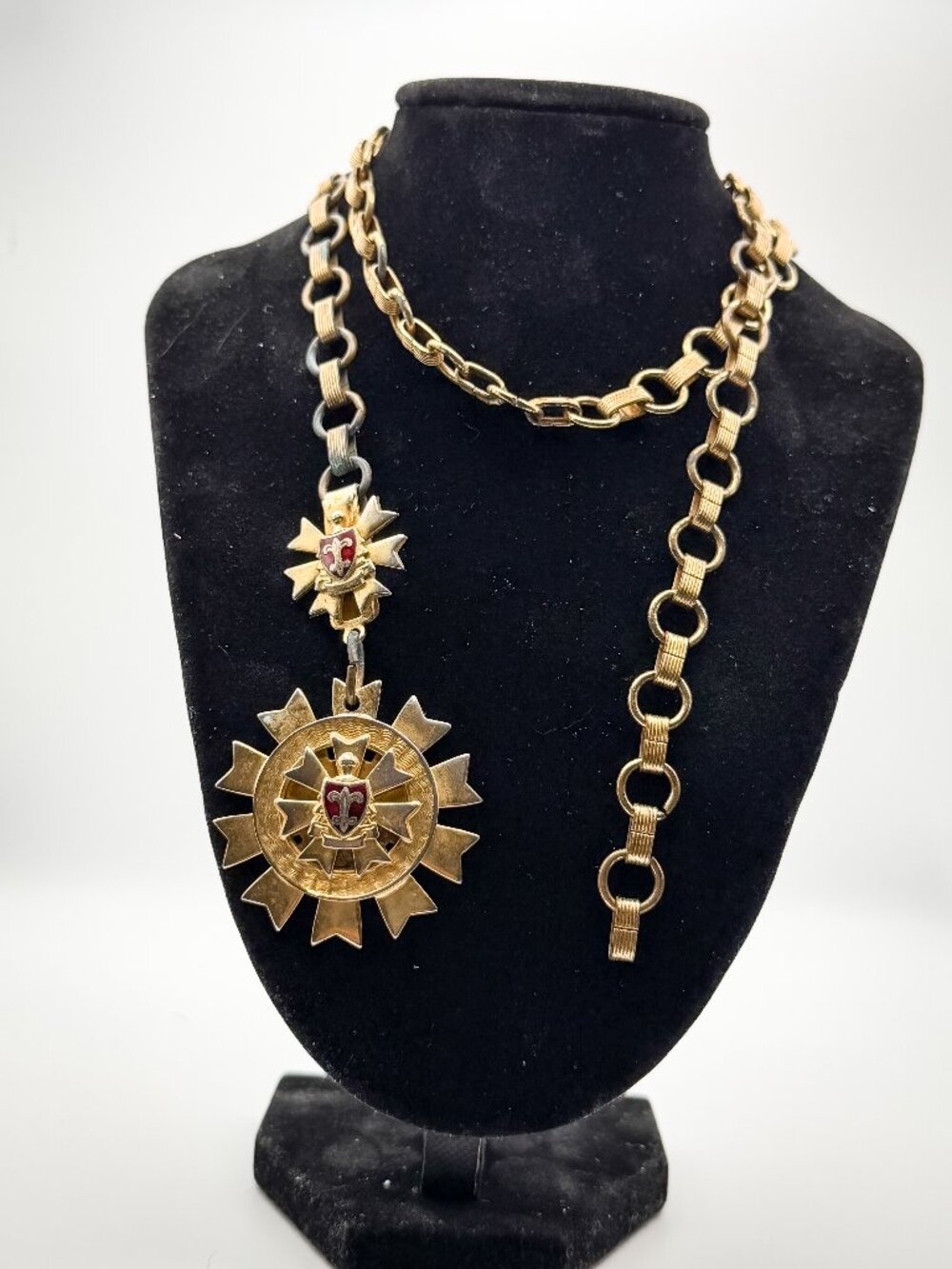 Antique Heraldic Sunburst Medallion Necklace Enamel Fleur-de-Lis Brass Maltese